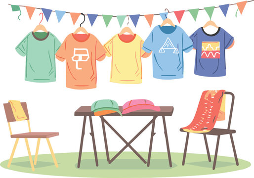 Flea market with clothes hanging on a rope vector illustration 
