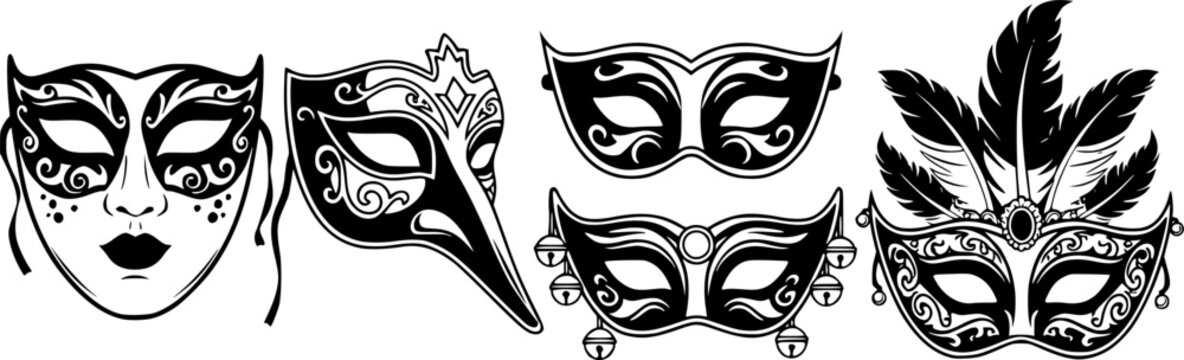 set of masquerade silhouette line art vector illustration with a white background
