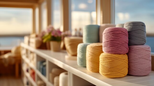 A bright and airy crafting space featuring stacked acrylic yarn cones, with a focus on enabling creativity and innovation for knitters and crocheters looking to bring their visions to life through