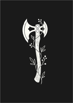 Minimalist Double Headed Battle Axe Vector Illustration with Floral Vines Decoration in Monoline Line Art Style