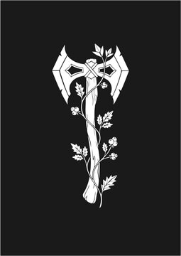 Minimalist Double Headed Battle Axe Vector Illustration with Floral Vines Decoration in Monoline Line Art Style