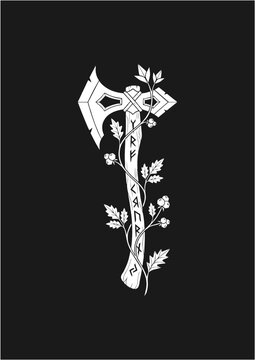 Minimalist Viking Battle Axe Vector Illustration with Floral Vines Decoration in Monoline L:ine Art Style