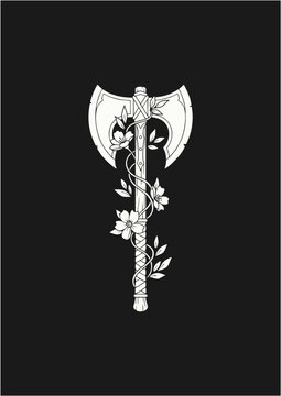Minimalist Double Headed Battle Axe Vector Illustration with Floral Vines Decoration in Monoline Line Art Style