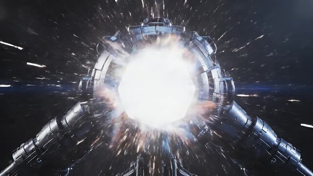 Ornate mechanical structure encases a radiant rainbow prism within a dark, swirling void