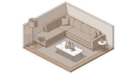 Isometric illustration of a living room interior featuring a sectional sofa, coffee table, side table, lamp, and decor. Suitable for interior design concepts and visualizations.