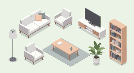 Fototapeta premium Isometric illustration of a living room setup with sofa, chairs, TV, bookshelf, and plant. Ideal for interior design, home decor, and architectural visualization projects.