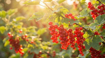 Grappes de groseilles rouges m&ucirc;res suspendues &agrave; un buisson dans un verger ensoleill&eacute; en contre-jour