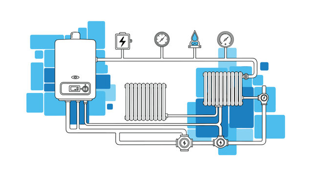 Technical diagram illustrates a home heating system with a gas boiler, radiators, pipes, and several gauges.