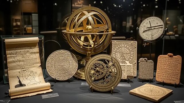 Antique Astronomical Instruments Displayed in Museum.