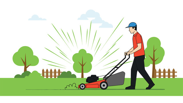 Male gardener in a red shirt maintaining the backyard lawn using a red grass cutter machine on a sunny day with green trees.