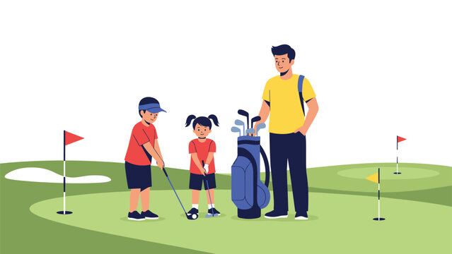 Father and his two young children spending quality time together practicing golf on a green course during a sunny outdoor day.