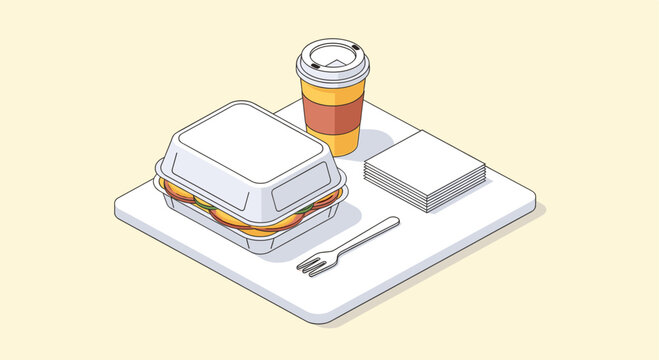 An isometric illustration of a take-out lunch with a sandwich in a clamshell box, coffee, fork, and napkins. Clean and simple design, perfect for food service or delivery app.