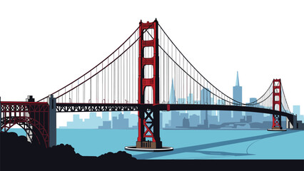 Obraz premium Iconic red suspension bridge stands majestically over blue water with modern city skyline in the background.