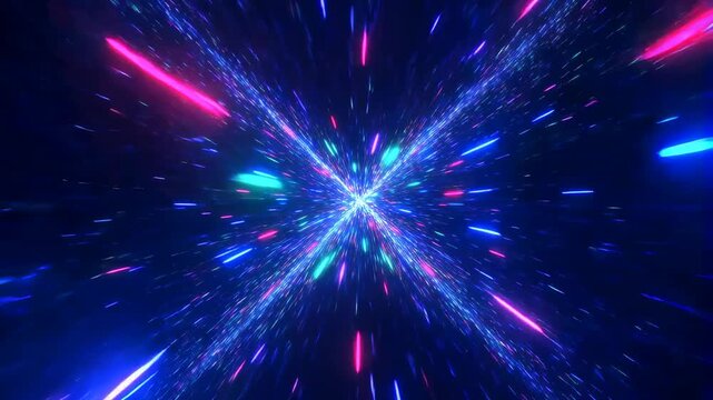 Dynamic light streaks creating a sense of speed and motion in a cosmic space environment. Ideal for futuristic themes and technology concepts
