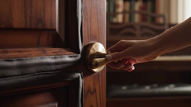 A hand turns a brass door handle to open a dark wooden door