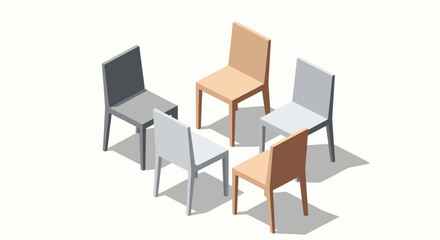 Fototapeta premium Minimalistic isometric illustration of five chairs arranged in a circle. Represents meetings, gatherings, discussions, or therapy sessions. Suitable for business, design, or conceptual themes.