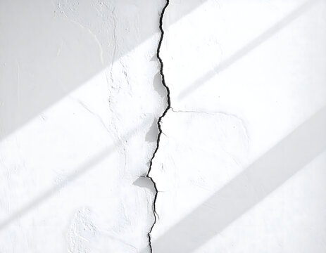 A prominent crack runs vertically down a textured white wall with diagonal light shadows