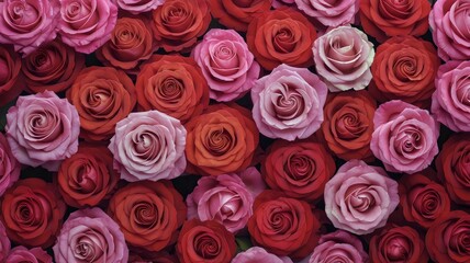Naklejka premium Overhead view of a vibrant bed of red and pink roses, celebrating love, beauty, and romantic occasions.