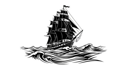 Vintage Tall Ship Sailing on Rough Seas, Nautical Adventure Illustration