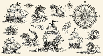 Vintage Nautical Adventure: Ships, Sea Monsters, and Compass Rose Illustration © Aziz