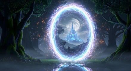 Magical portal revealing a luminous castle in a mysterious forest scene