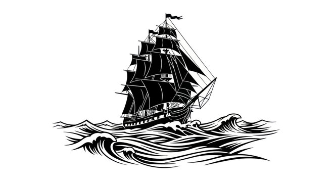 Vintage Tall Ship Sailing on Rough Seas, Nautical Adventure Illustration