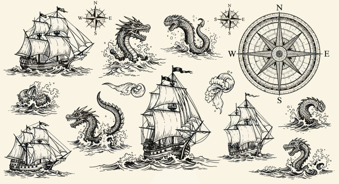 Vintage Nautical Adventure: Ships, Sea Monsters, and Compass Rose Illustration