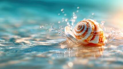 A beautifully patterned seashell emerges from the calm water, creating sparkling ripples as sunlight sparkles off its surface, capturing the essence of oceanic beauty.