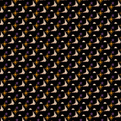 Fototapeta premium Seamless pattern with hand-drawn white crescent moons and golden yellow stars on a charcoal black background, ideal for textile design or digital paper.