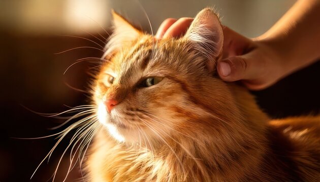 Ginger cat enjoying a gentle head rub from its owner.