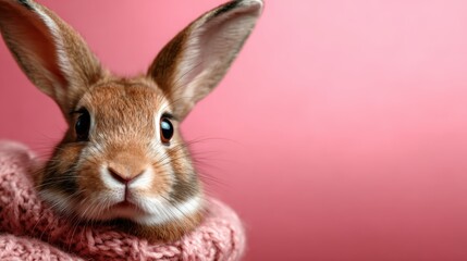 Fototapeta premium A charming close-up of a rabbit nestled in warm wool, framed against a soft pink backdrop, evokes feelings of tenderness, warmth, and the joy of domestic companionship.