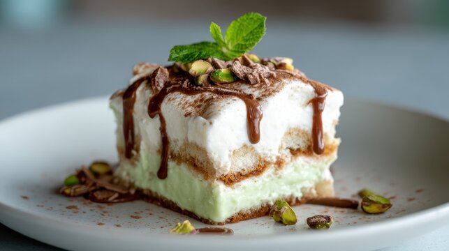 A beautiful mint chocolate dessert showcases layers of cake, cream, and chocolate drizzle, garnished with a mint leaf and crushed pistachios for extra texture.