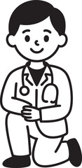 Obraz premium Cute doctor cartoon character kneeling, wearing lab coat and stethoscope, friendly medical professional, simple