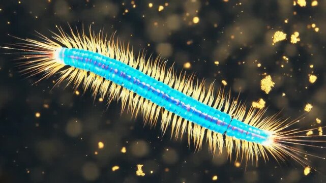 Bioluminescent Marine Worm Segmented Body Glowing Blue and Yellow Bristles Underwater Microscopic View Sparkling Particles Dark Background