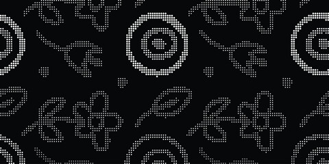 Pixel Floral Pattern. Retro Art Texture. Seamless grey vector pattern of flowers, spirals and daisies for vintage gaming background, 8-bit style fabric and wallpaper texture. © MH HASIB