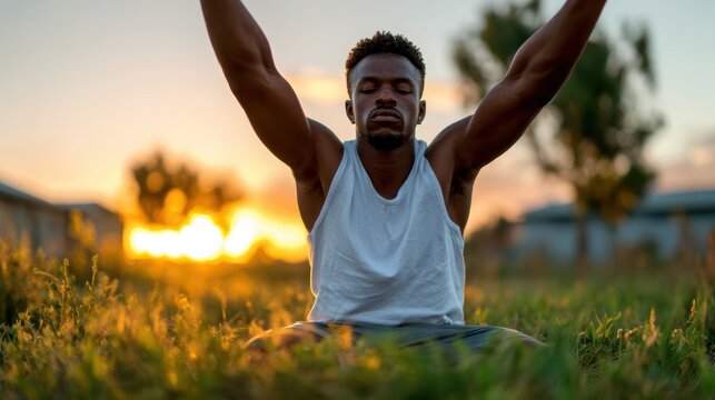 A tranquil scene of a man practicing yoga in a peaceful outdoor setting, surrounded by lush grass as the setting sun creates a serene atmosphere filled with warmth.