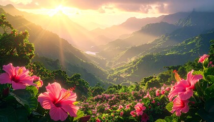 Fototapeta premium Golden sunrise illuminates a majestic tropical mountain valley, with lush green peaks and radiant pink hibiscus flowers framing a breathtaking natural paradise vista