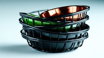 A visually striking composition featuring stacked modern wire baskets in contrasting colors, showcasing contemporary design and aesthetics in everyday objects.