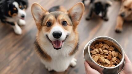Happy Corgi Dog Eagerly Awaiting Food with Other Dogs in the Background