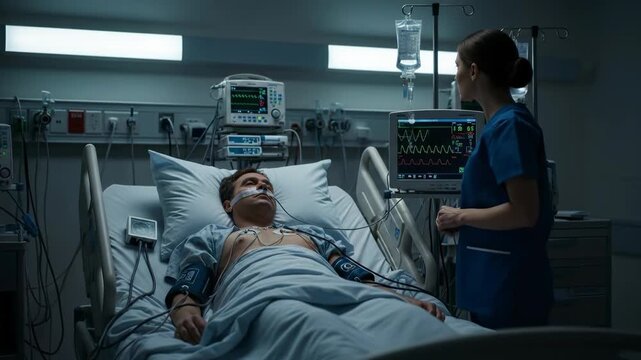 Intensive care monitoring of a patient with cardiovascular disease, showing vital signs and critical condition management, emphasizing heart health support and medical intervention for prevention.