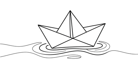 paper boat in sea continuous one line drawing origami ship vector. © vector by martin