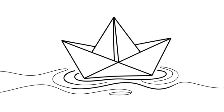 paper boat in sea continuous one line drawing origami ship vector.