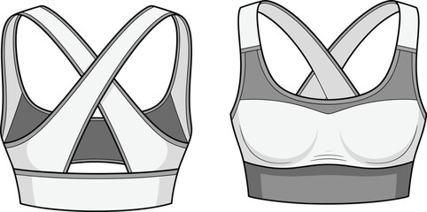 Crossback sports bra, flat vector CAD drawing, activewear design, women’s fitness top, technical apparel sketch, fashion template © Samiul