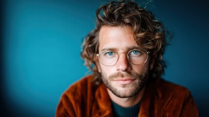 Obraz premium A contemplative young man with curly hair and glasses gazes thoughtfully against a vivid blue background, reflecting introspection and creativity.