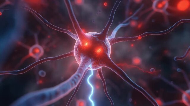 Microscopic view of glowing red neurons transmitting signals through neural network connections