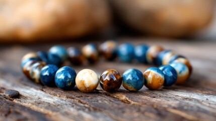 A detailed close-up of a handcrafted beaded bracelet showcasing a blend of earthy tones and textures, ideal for fashion enthusiasts and jewelry lovers seeking unique accessories.