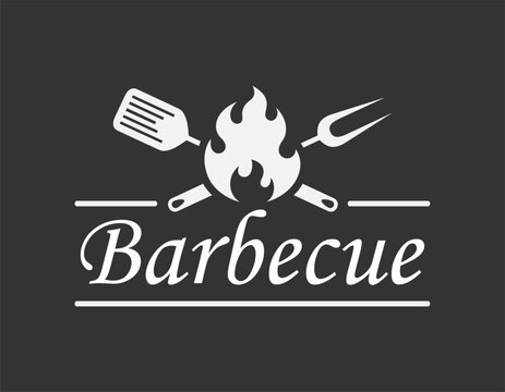Barbecue logo graphic design template. Grill bar symbol. Sign crossed barbecue tools and flame isolated on black background. Vector illustration
