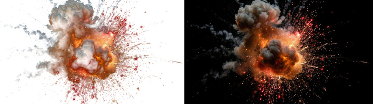 A massive explosion occurs with smoke and flames rising transparently in the dark air