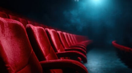 Fototapeta premium The image showcases plush red theater seats arranged in a dimly lit space, creating an inviting and intimate atmosphere for moviegoers and theater enthusiasts.