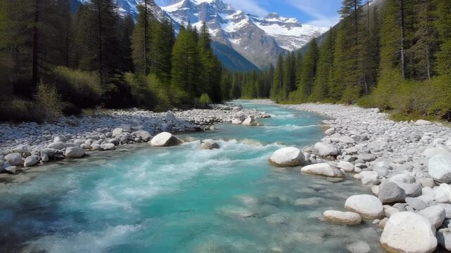 Turquoise Mountain River Flowing Through Rocky Shoreline Amidst Pine Forest and Snow Capped Peaks
